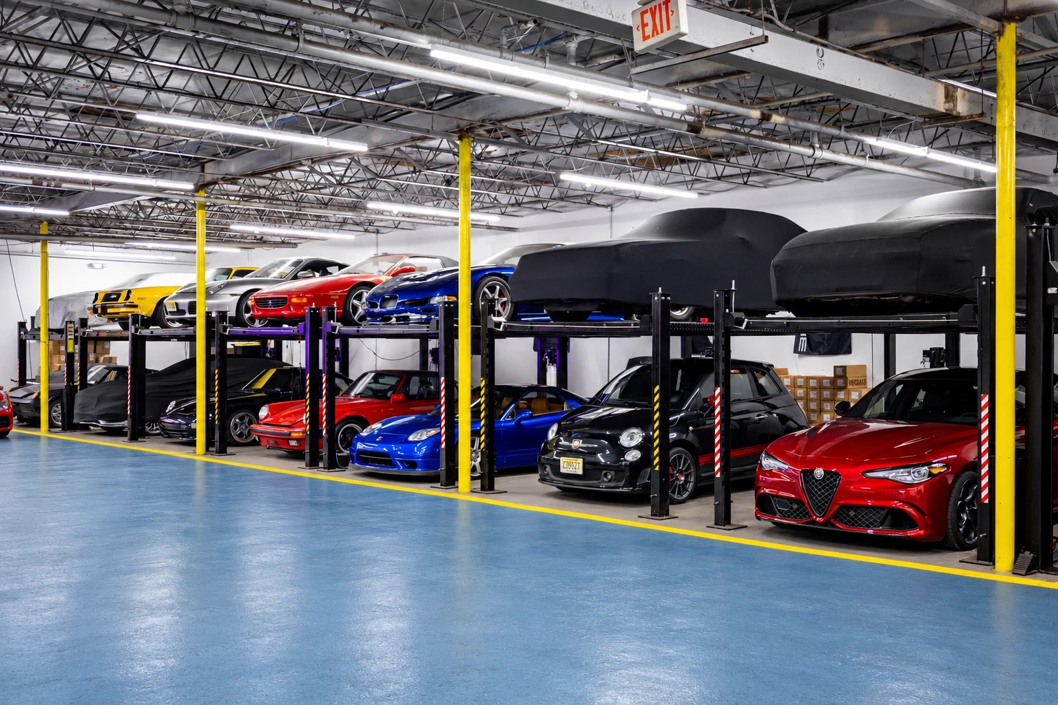 Cars on two-level lifts and under covers on our storage floor in Teaneck